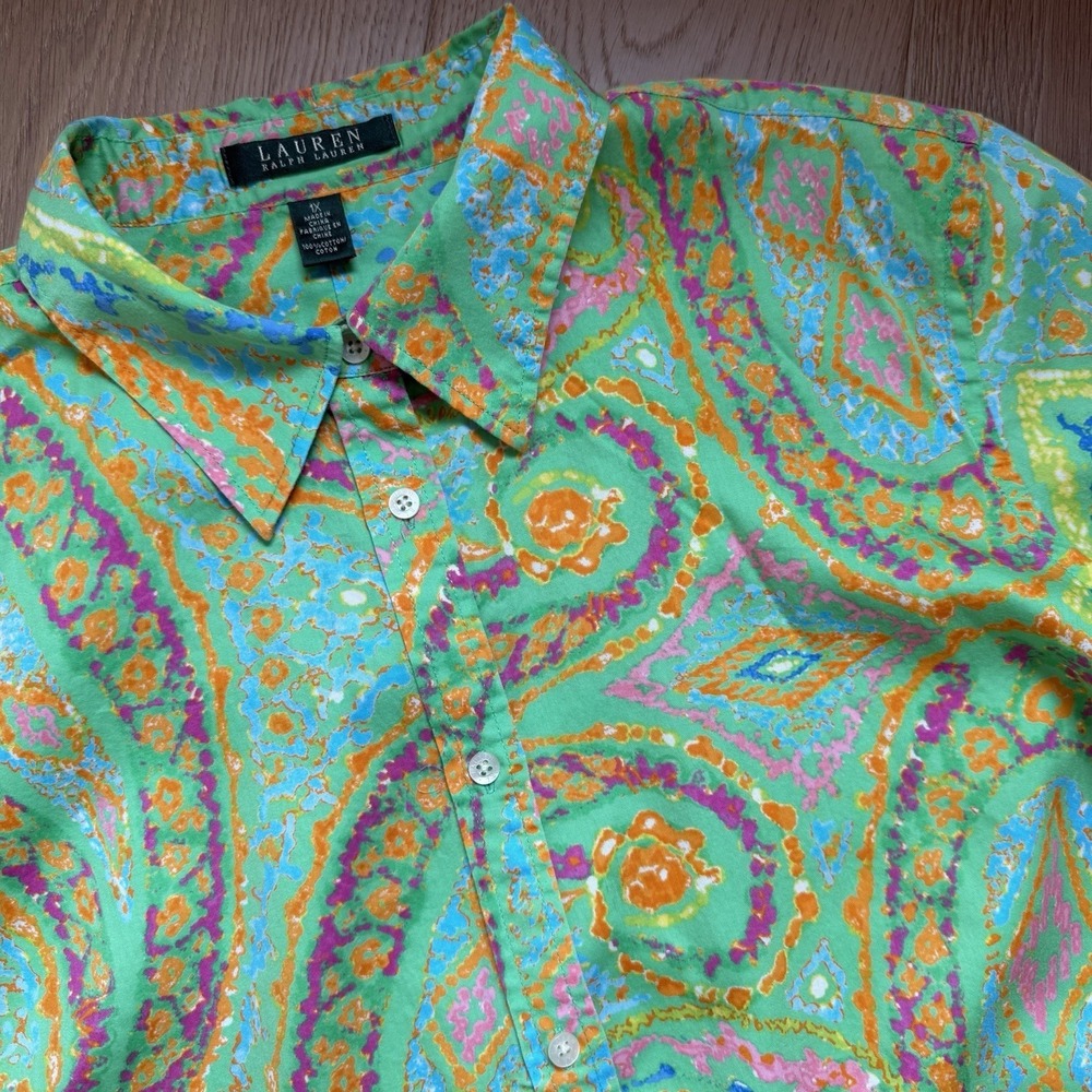 Lauren Ralph Lauren Womens Green Paisley Cotton Button Down Shirt | 1X